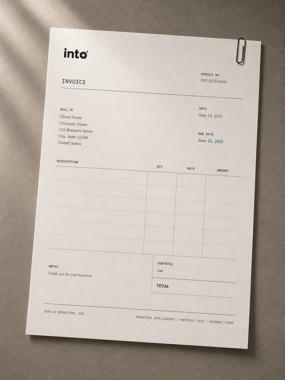 INTO invoice template on desk