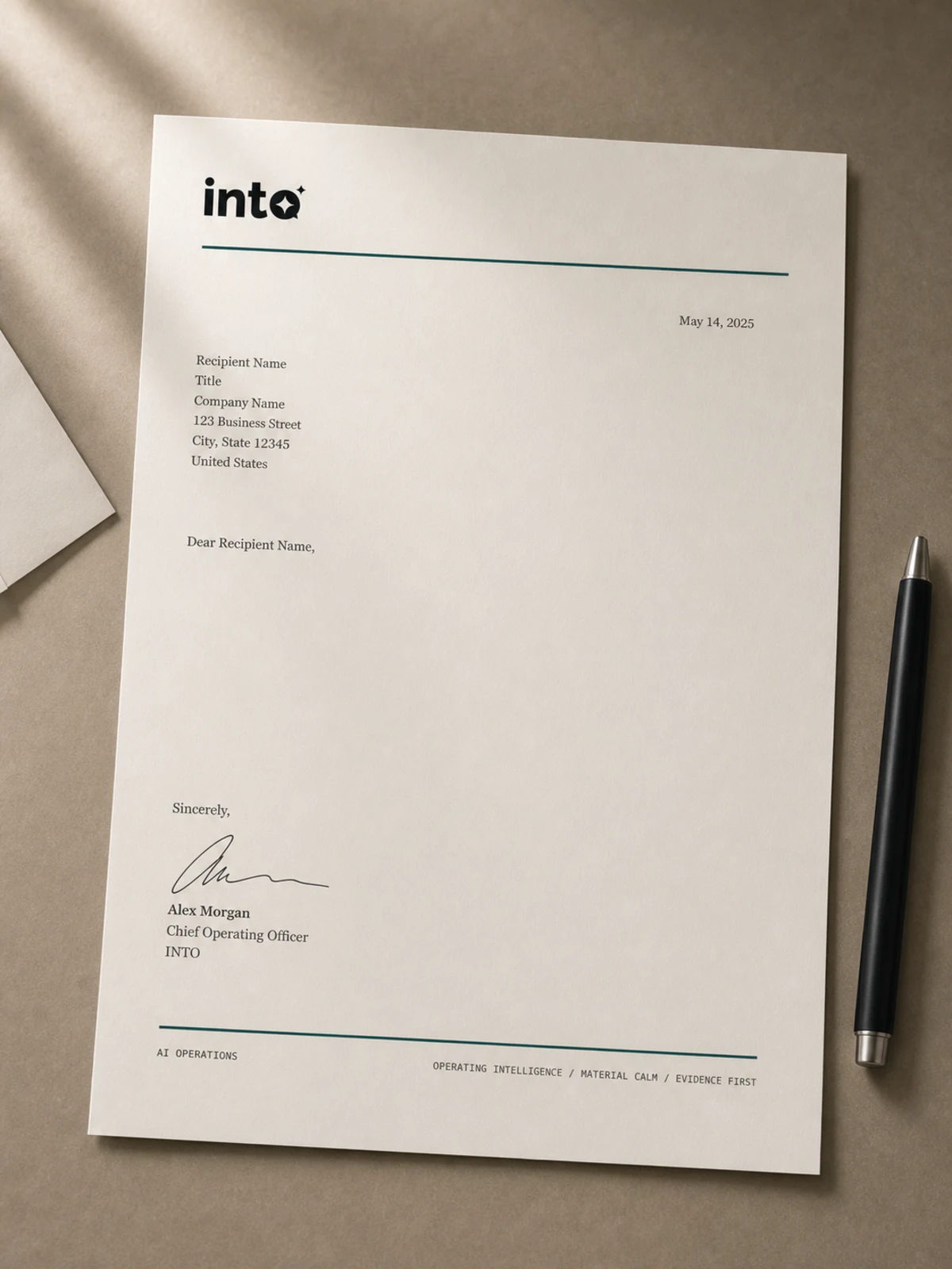 INTO letter template on desk
